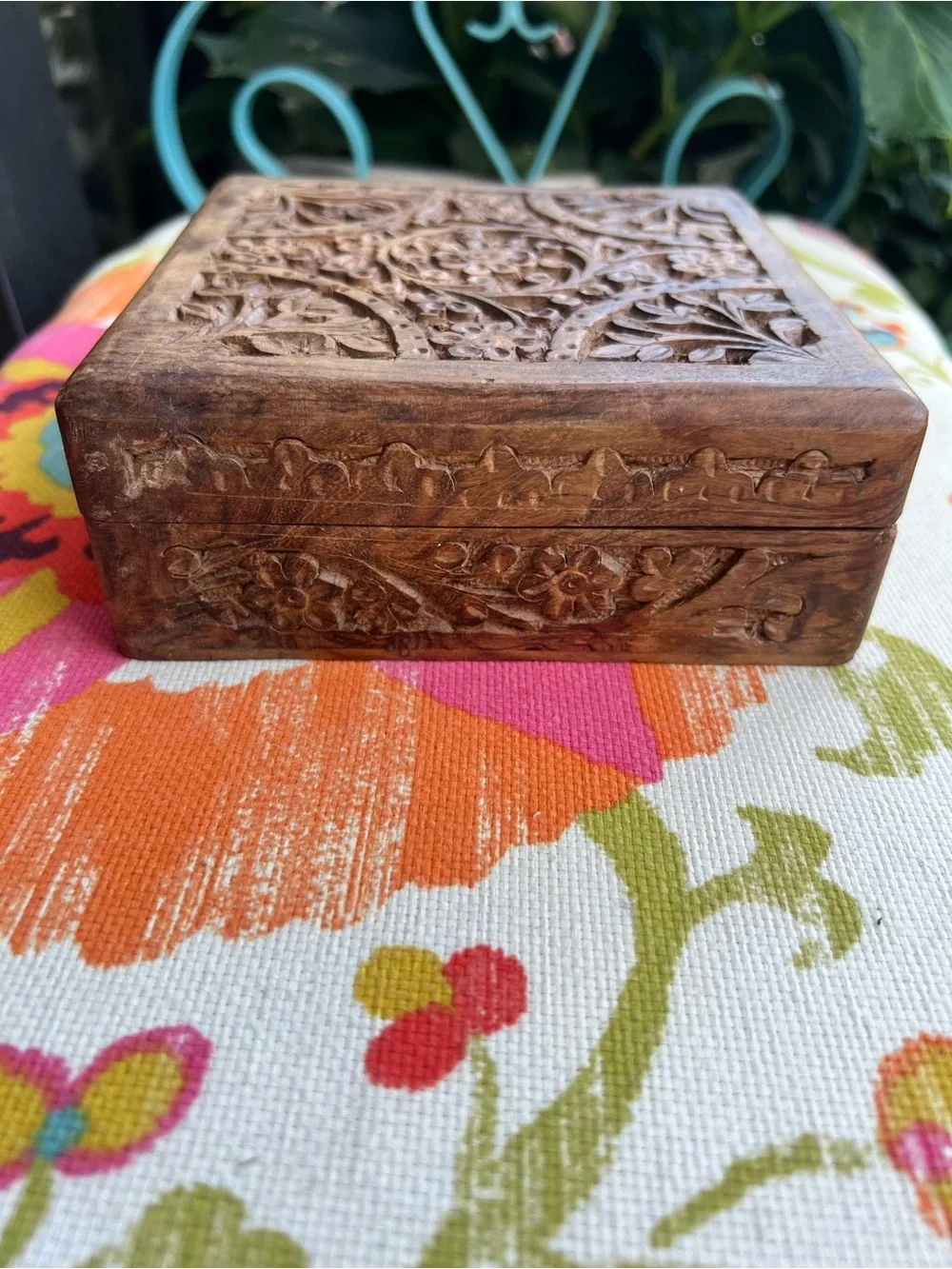 Vintage Archana Crafts India Hand Carved Wooden Trinket Box Floral Sheesham Wood